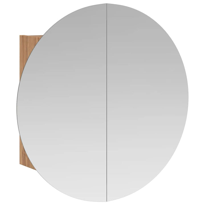 badeværelsesskab med rundt spejl og LED-lys 40x40x17,5cm egetræ
