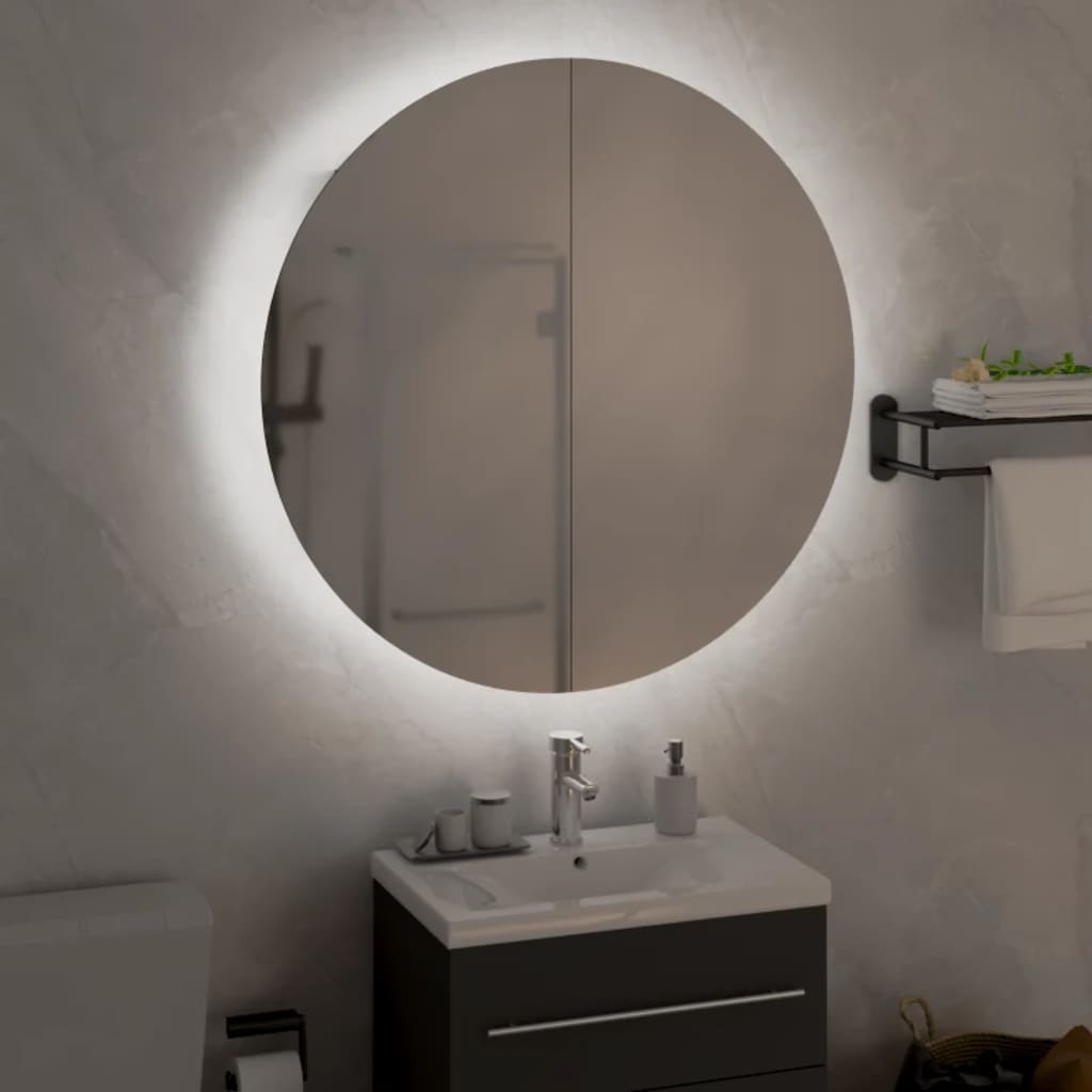 badeværelsesskab med rundt spejl og LED-lys 40x40x17,5cm egetræ