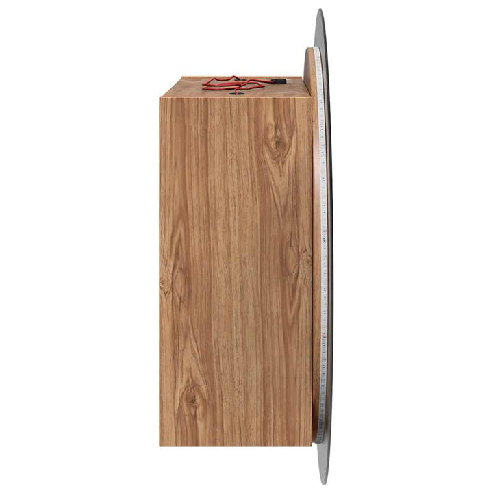 badeværelsesskab med rundt spejl og LED-lys 40x40x17,5cm egetræ