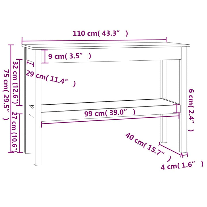 konsolbord 110x40x75 cm massivt fyrretræ hvid