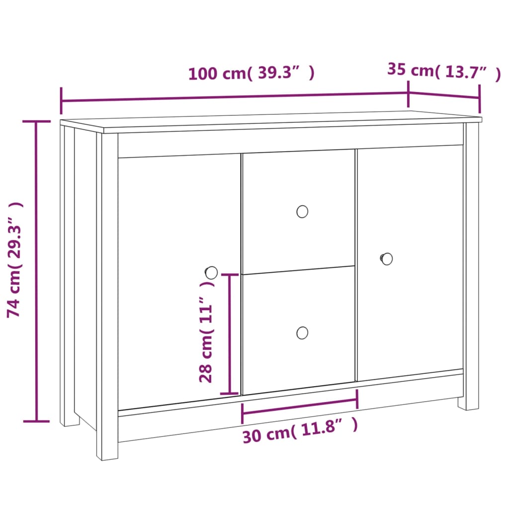 skænk 100x35x74 cm massivt fyrretræ hvid