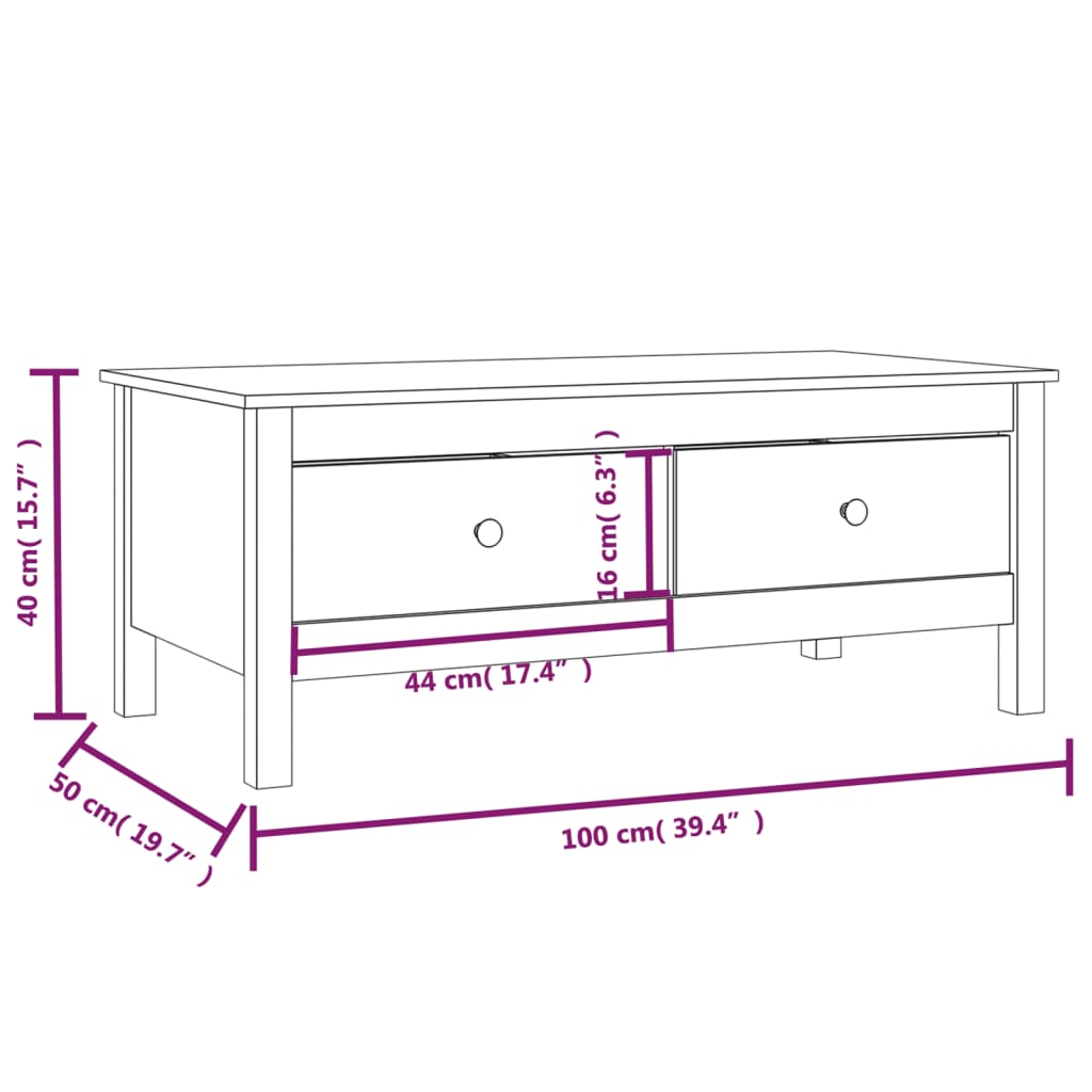 sofabord 100x50x40 cm massivt fyrretræ hvid