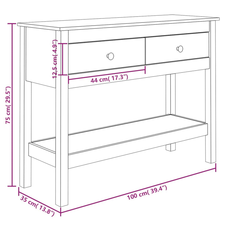 konsolbord 100x35x75 cm massivt fyrretræ