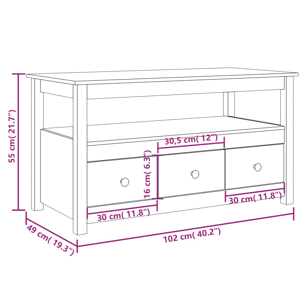 sofabord 102x49x55 cm massivt fyrretræ hvid