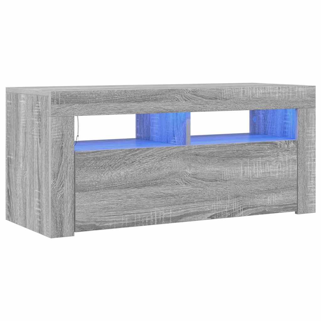 tv-bord med LED-lys 90x35x40 cm grå sonoma-eg