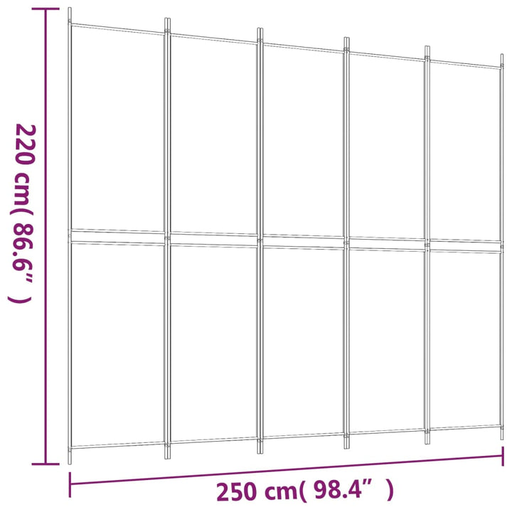 5-panels rumdeler 250x220 cm stof hvid