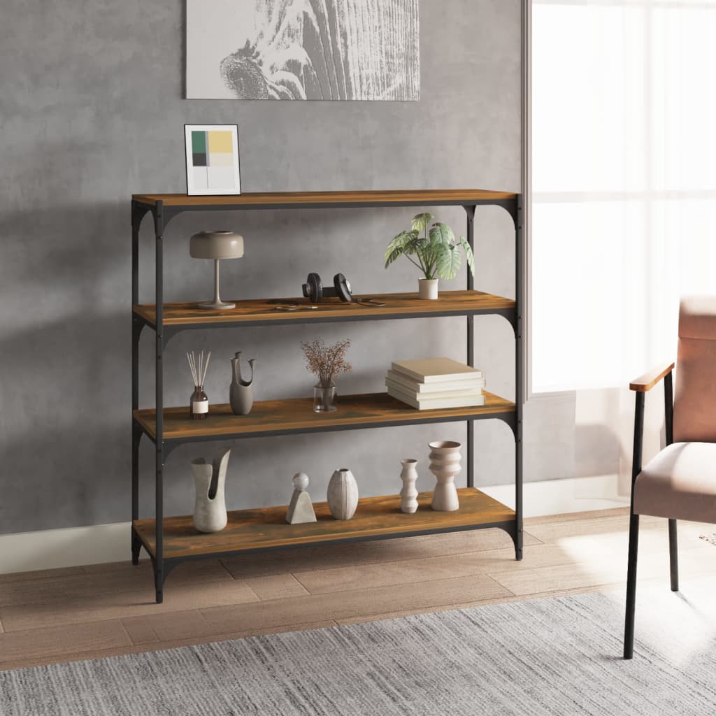 bogreol 100x33x100 cm konstrueret træ og stål røget egetræ