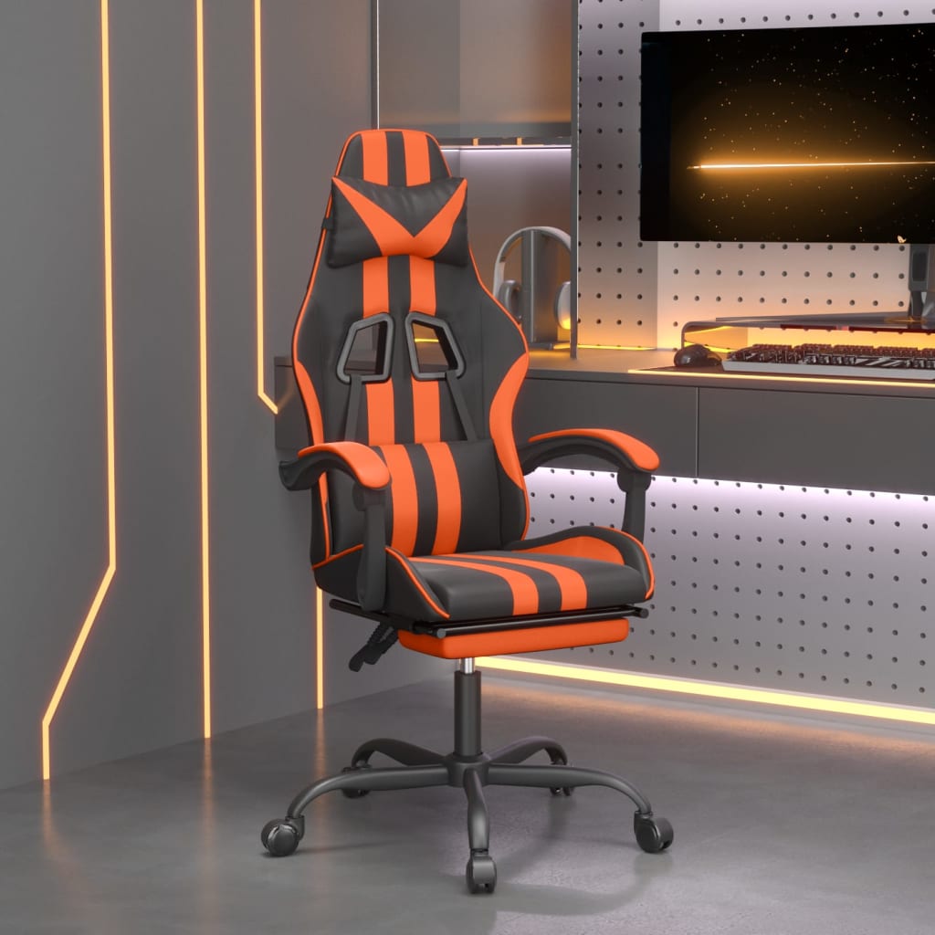 drejelig gamingstol med fodstøtte kunstlæder sort og orange