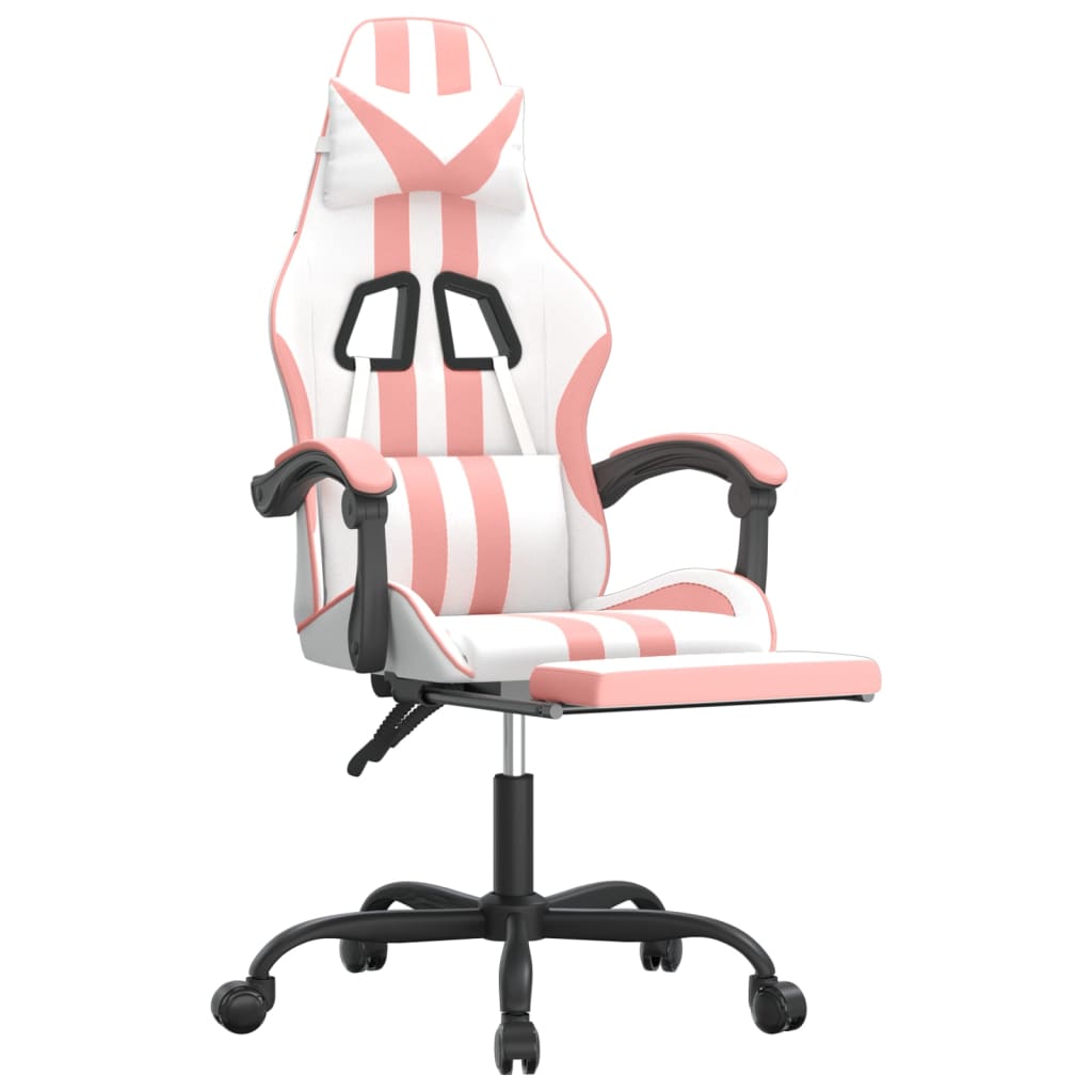 drejelig gamingstol med fodstøtte kunstlæder hvid og pink
