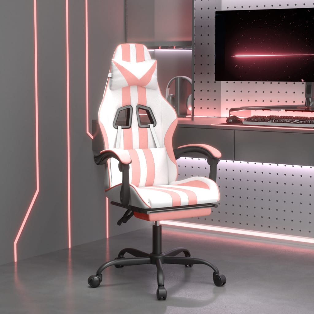 drejelig gamingstol med fodstøtte kunstlæder hvid og pink