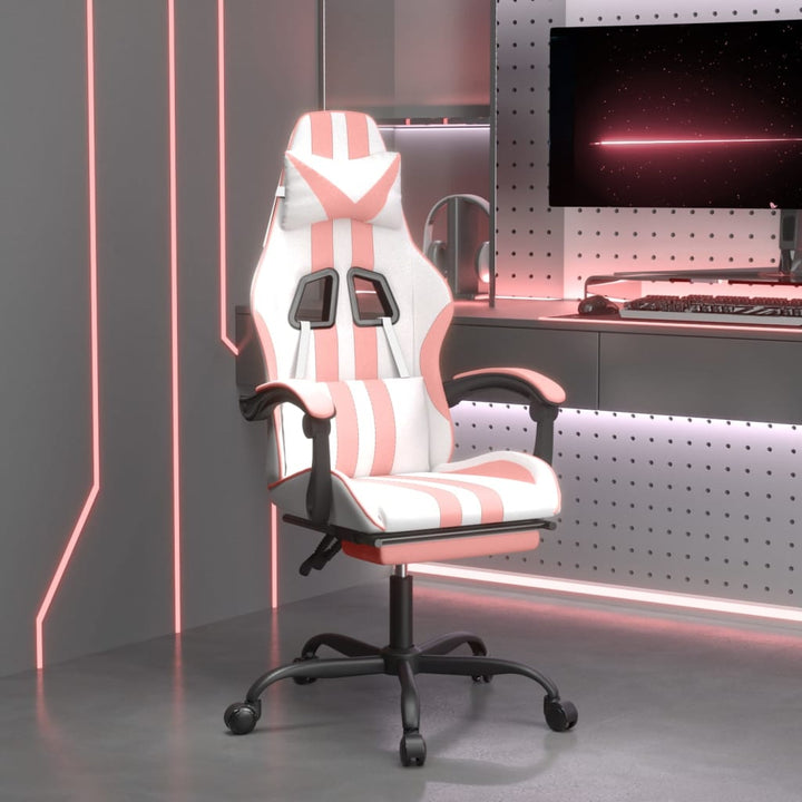 drejelig gamingstol med fodstøtte kunstlæder hvid og pink