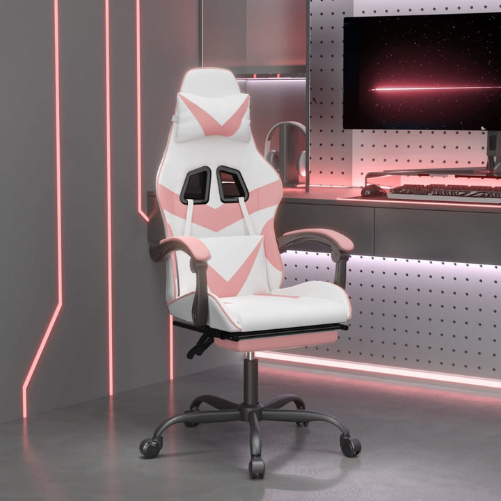 drejelig gamingstol med fodstøtte kunstlæder hvid og pink