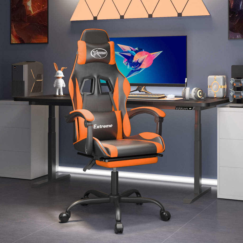 drejelig gamingstol med fodstøtte kunstlæder sort og orange