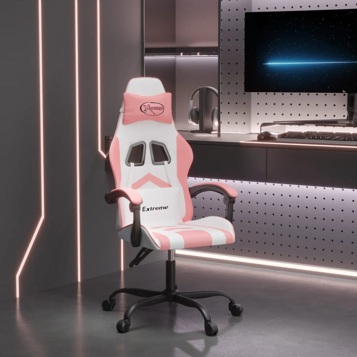 drejelig gamingstol kunstlæder hvid og lyserød