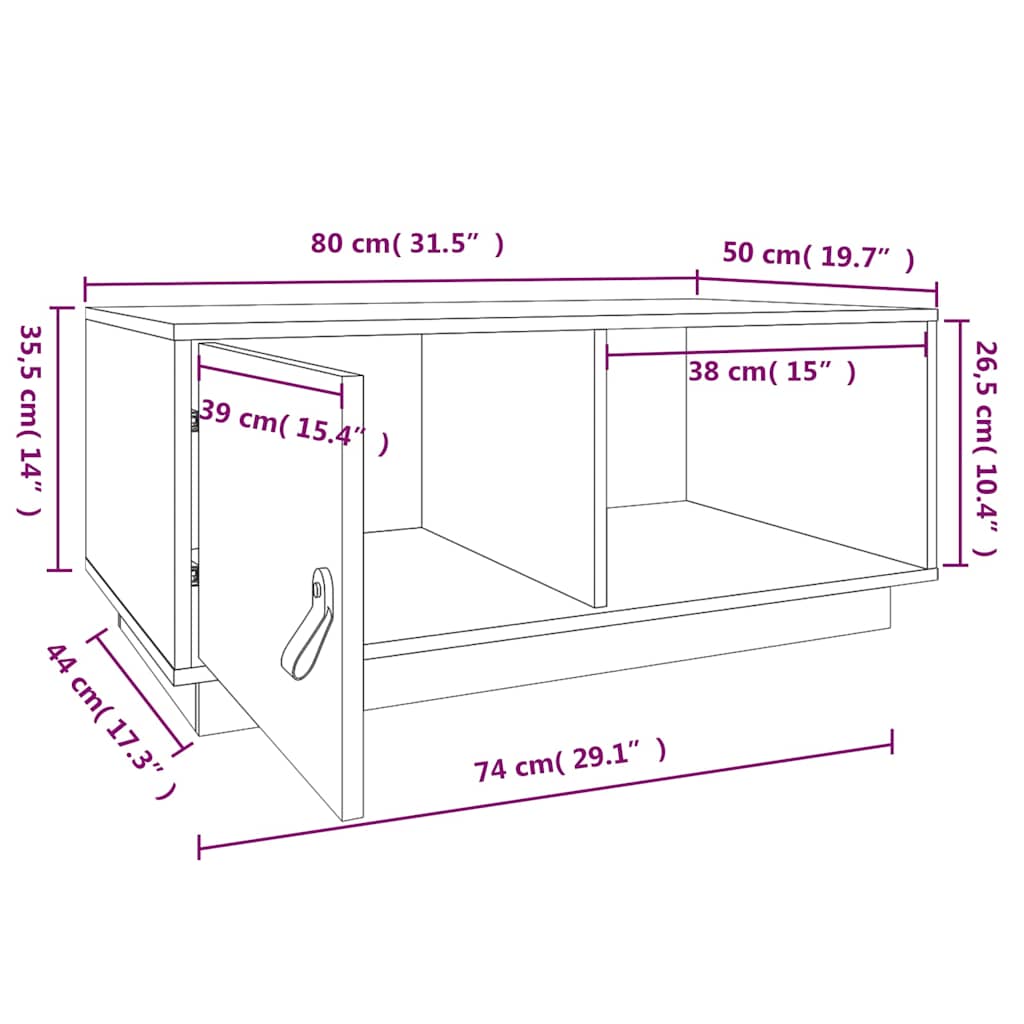 sofabord 80x50x35,5 cm massivt fyrretræ hvid