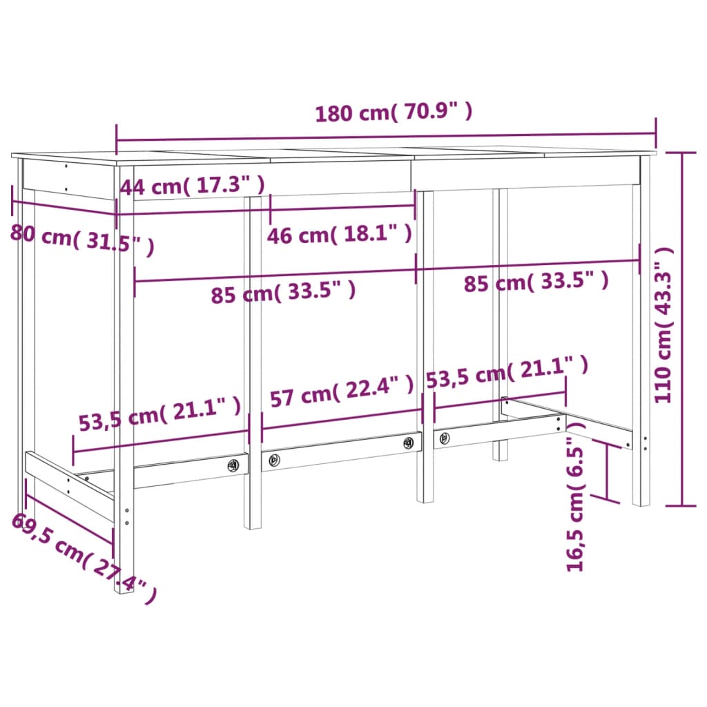 barbord 180x80x110 cm massivt fyrretræ