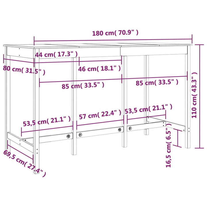 barbord 180x80x110 cm massivt fyrretræ