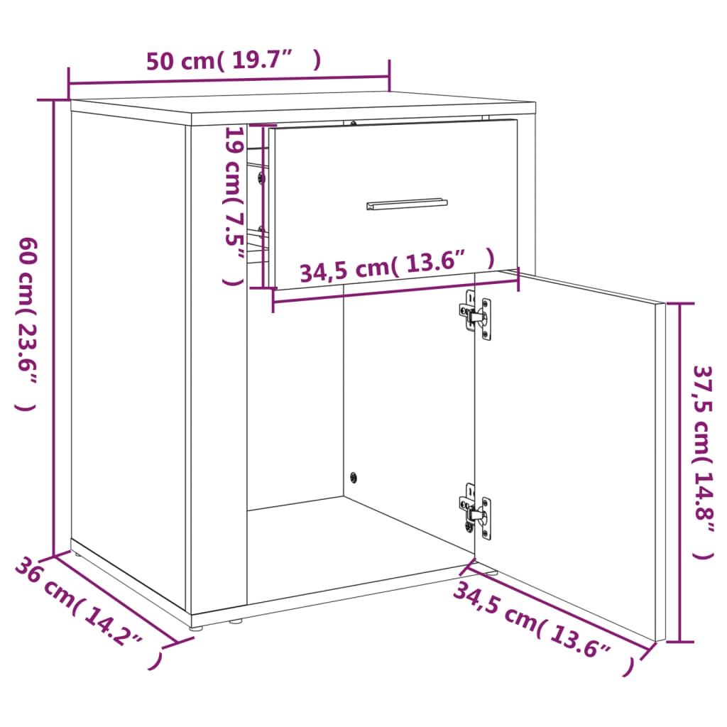 sengebord 50x36x60 cm konstrueret træ Sonoma egetræsfarve