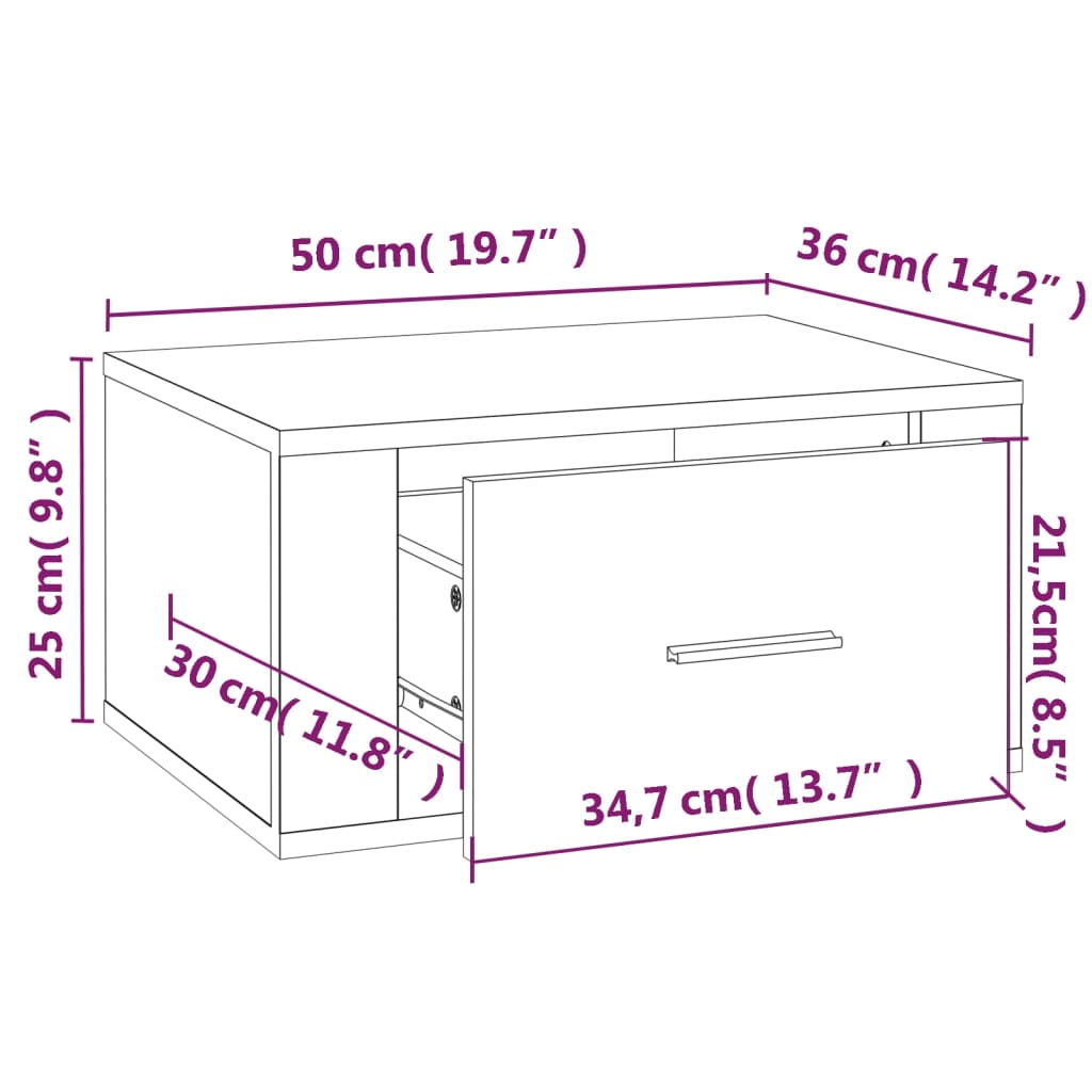 væghængte sengeborde 2 stk. 50x36x25 cm røget egetræsfarve