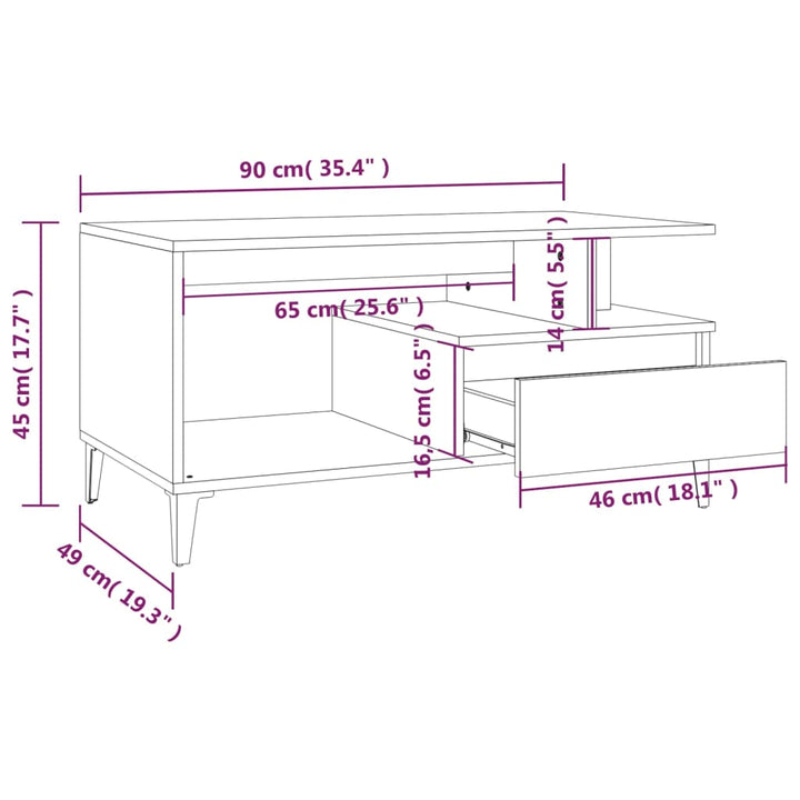 sofabord 90x49x45 cm konstrueret træ brun egetræsfarve