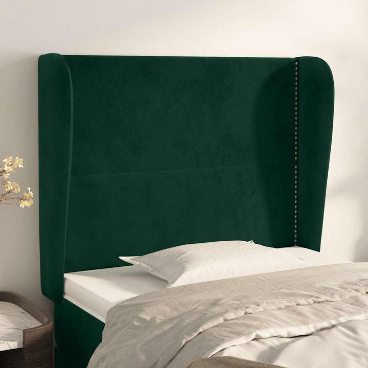 sengegavl med kanter 93x23x118/128 cm fløjl mørkegrøn