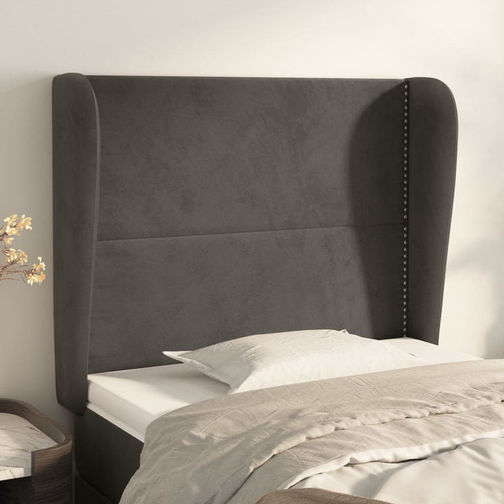 sengegavl med kanter 103x23x118/128 cm fløjl mørkegrå
