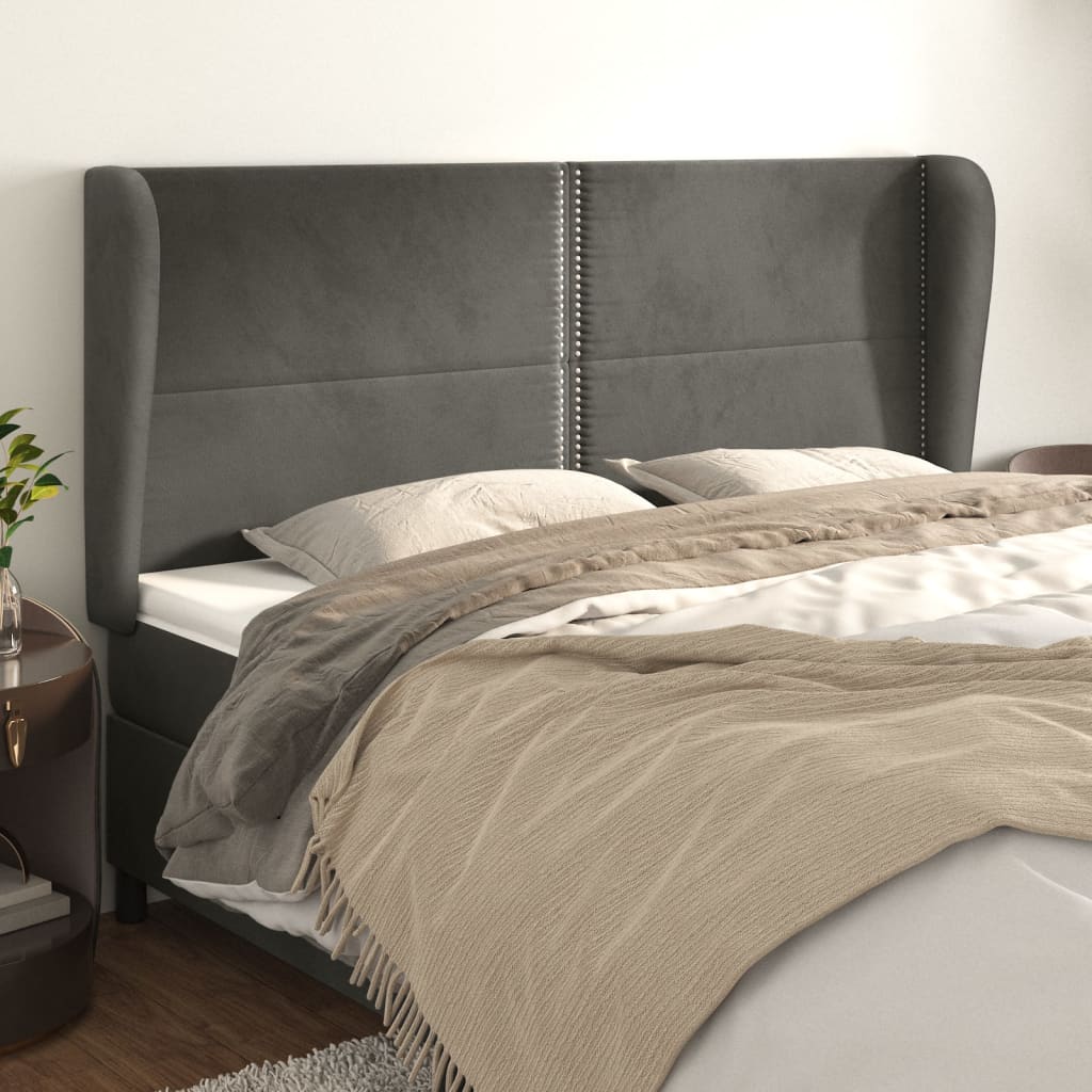 sengegavl med kanter 163x23x118/128 cm fløjl mørkegrå