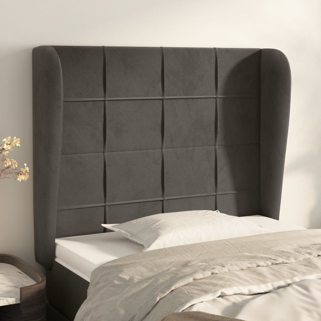 sengegavl med kanter 83x23x118/128 cm fløjl mørkegrå