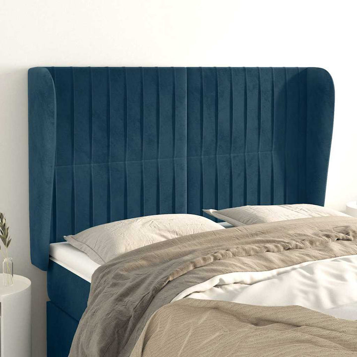 sengegavl med kanter 147x23x118/128 cm fløjl mørkeblå