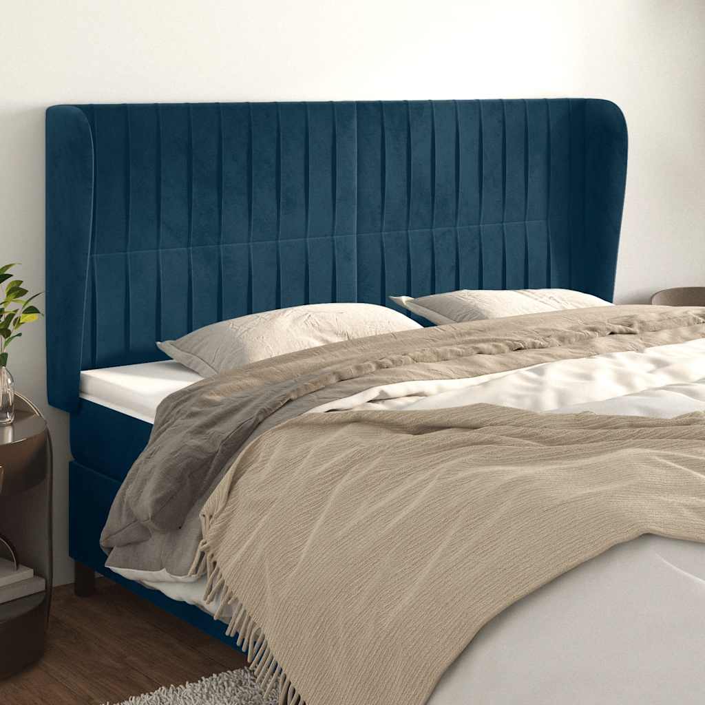 sengegavl med kanter 163x23x118/128 cm fløjl mørkeblå