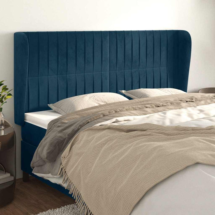 sengegavl med kanter 203x23x118/128 cm fløjl mørkeblå