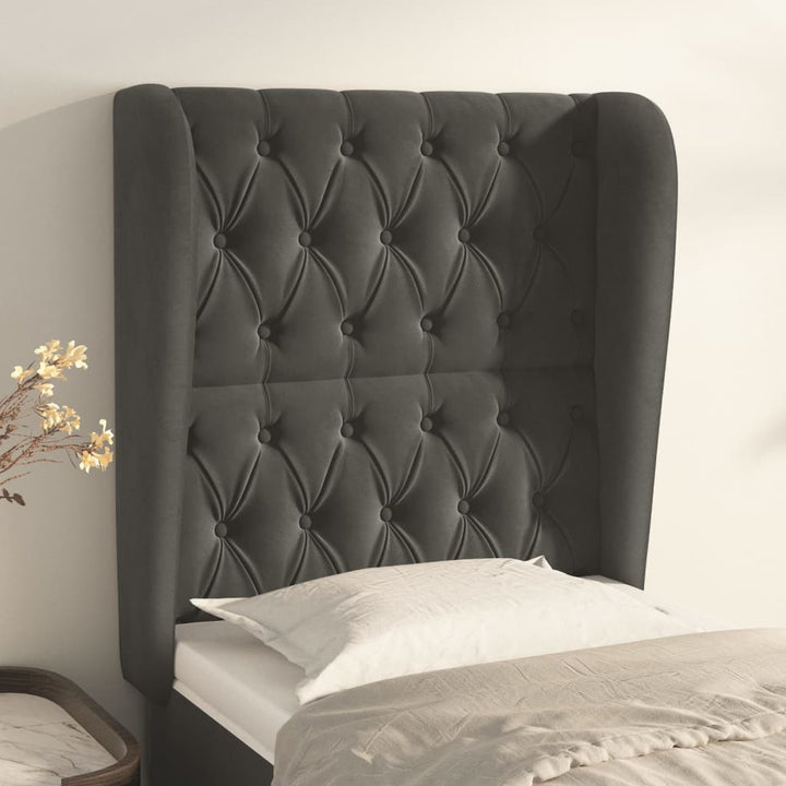 sengegavl med kanter 83x23x118/128 cm fløjl mørkegrå