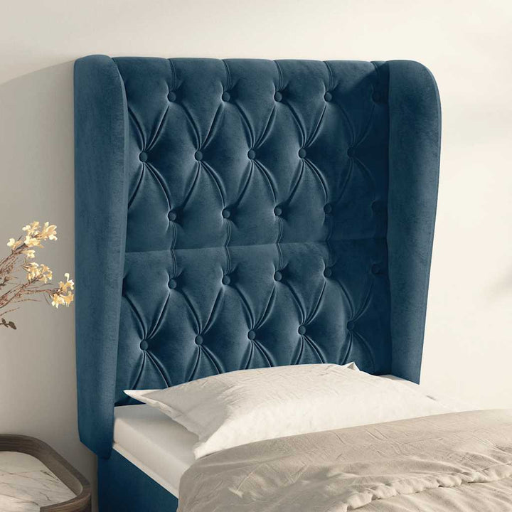 sengegavl med kanter 83x23x118/128 cm fløjl mørkeblå
