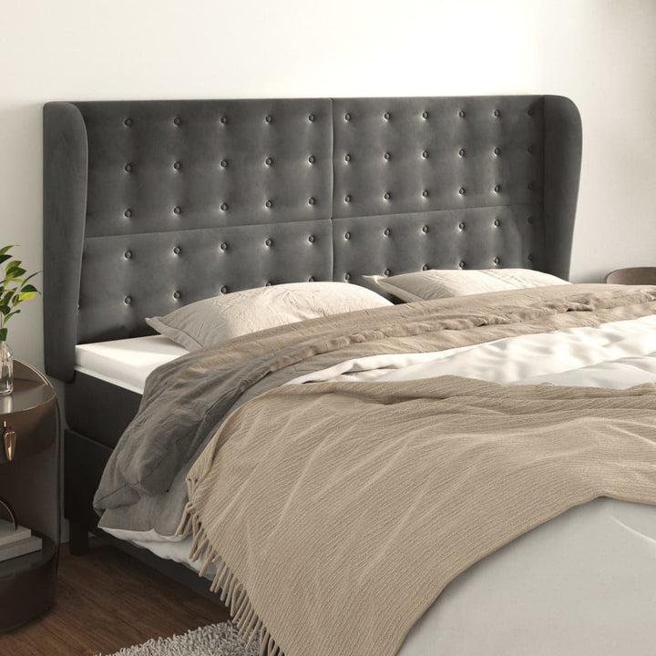 sengegavl med kanter 203x23x118/128 cm fløjl mørkegrå