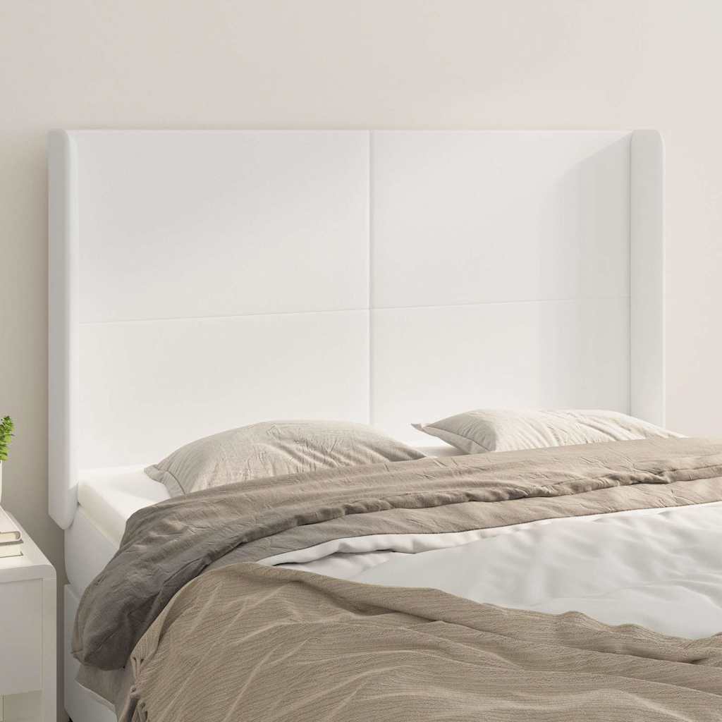 sengegavl med kanter 147x16x118/128 cm kunstlæder hvid