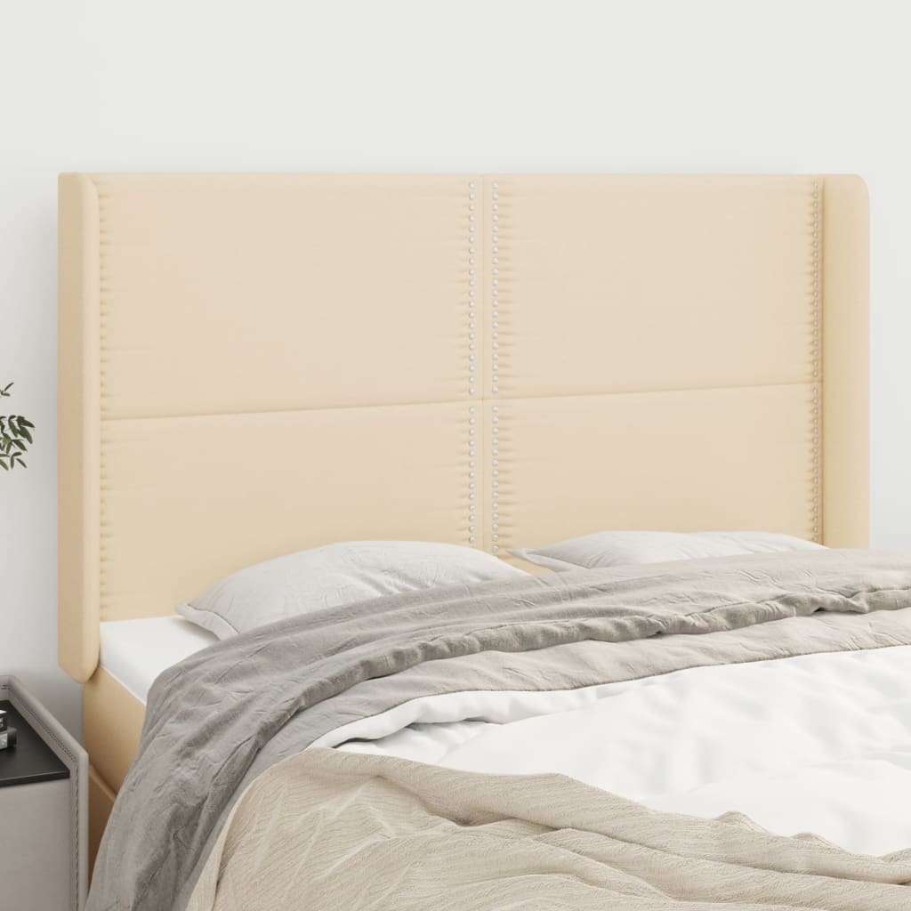 sengegavl med kanter 147x16x118/128 cm stof cremefarvet