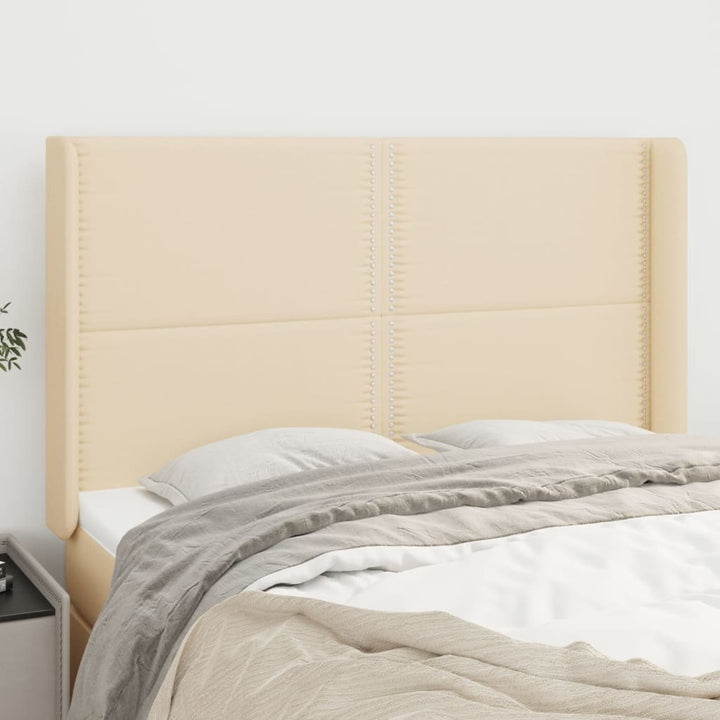 sengegavl med kanter 147x16x118/128 cm stof cremefarvet