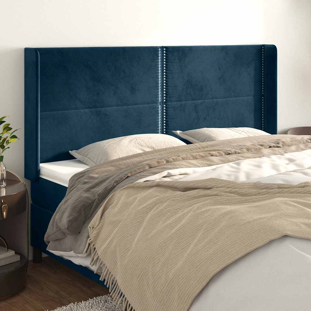 sengegavl med kanter 163x16x118/128 cm fløjl mørkeblå