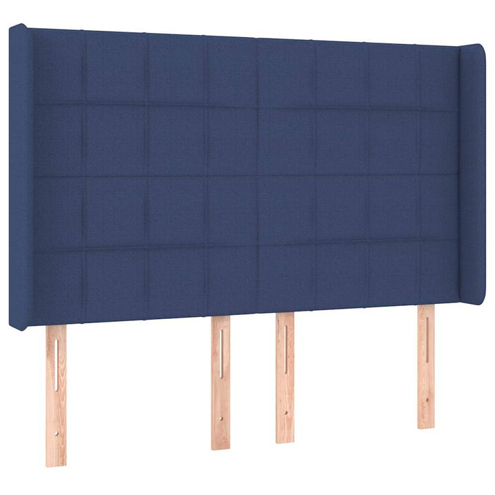 sengegavl med kanter 147x16x118/128 cm stof blå