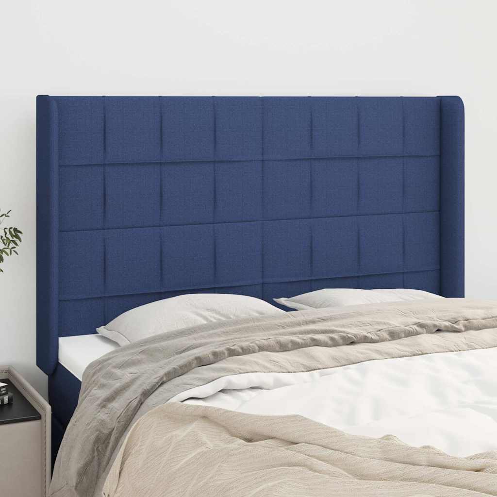 sengegavl med kanter 147x16x118/128 cm stof blå