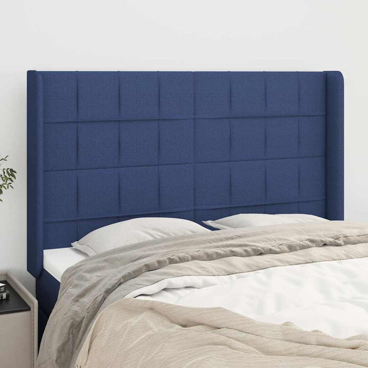 sengegavl med kanter 147x16x118/128 cm stof blå
