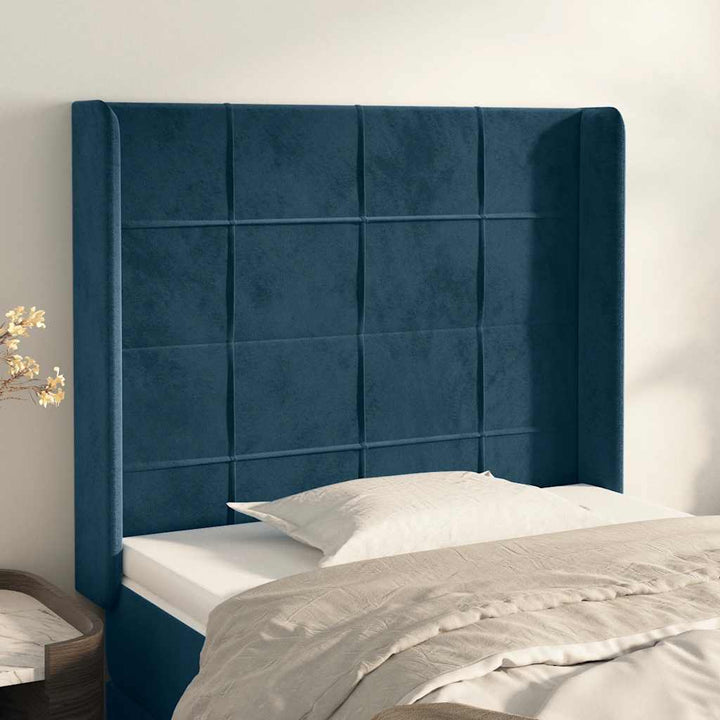 sengegavl med kanter 83x16x118/128 cm fløjl mørkeblå