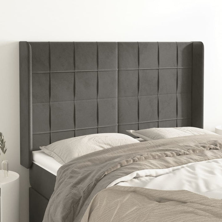 sengegavl med kanter 147x16x118/128 cm fløjl mørkegrå