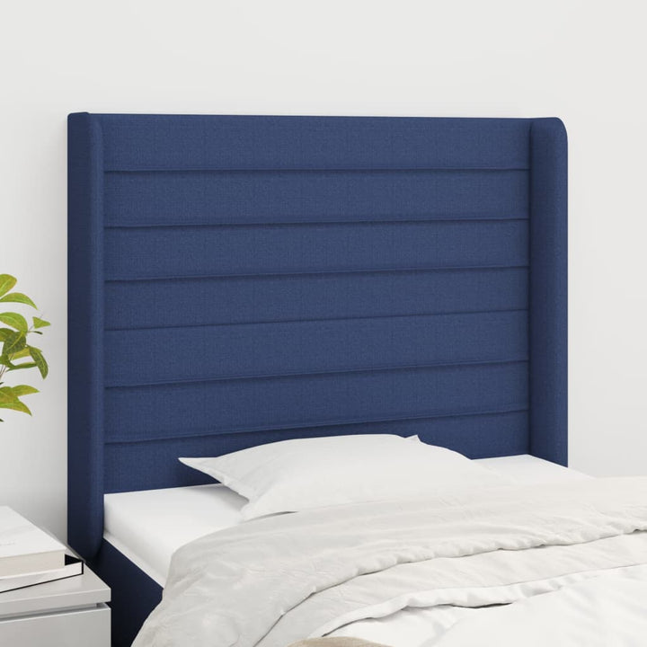 sengegavl med kanter 83x16x118/128 cm stof blå