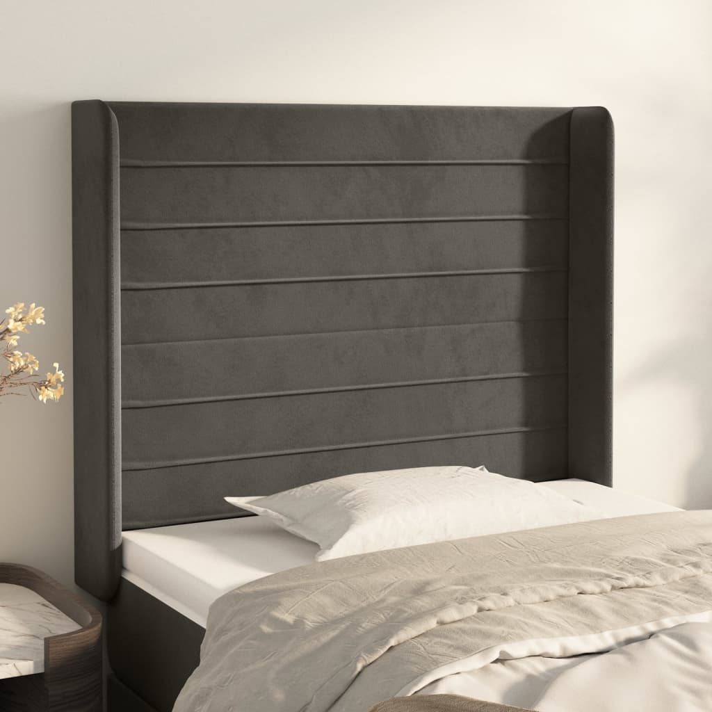 sengegavl med kanter 83x16x118/128 cm fløjl mørkegrå