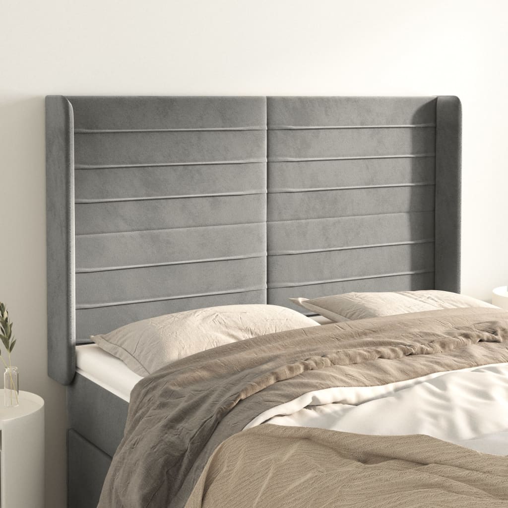 sengegavl med kanter 147x16x118/128 cm fløjl lysegrå