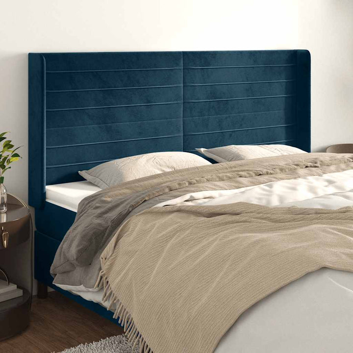 sengegavl med kanter 203x16x118/128 cm fløjl mørkeblå