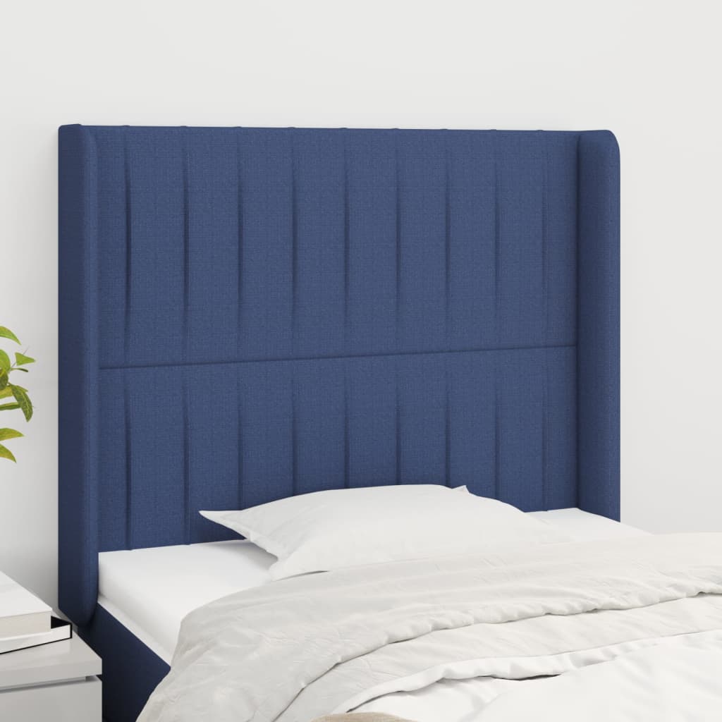 sengegavl med kanter 93x16x118/128 cm stof blå