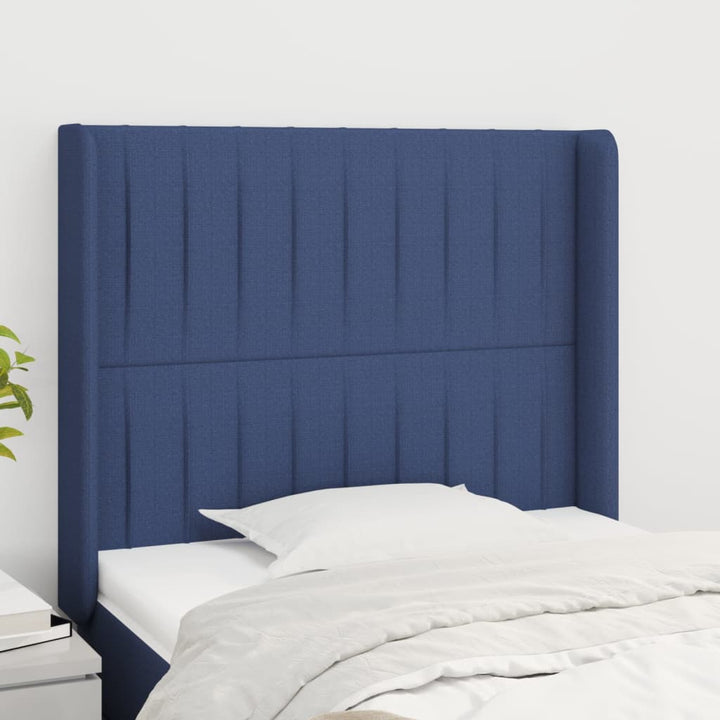 sengegavl med kanter 93x16x118/128 cm stof blå