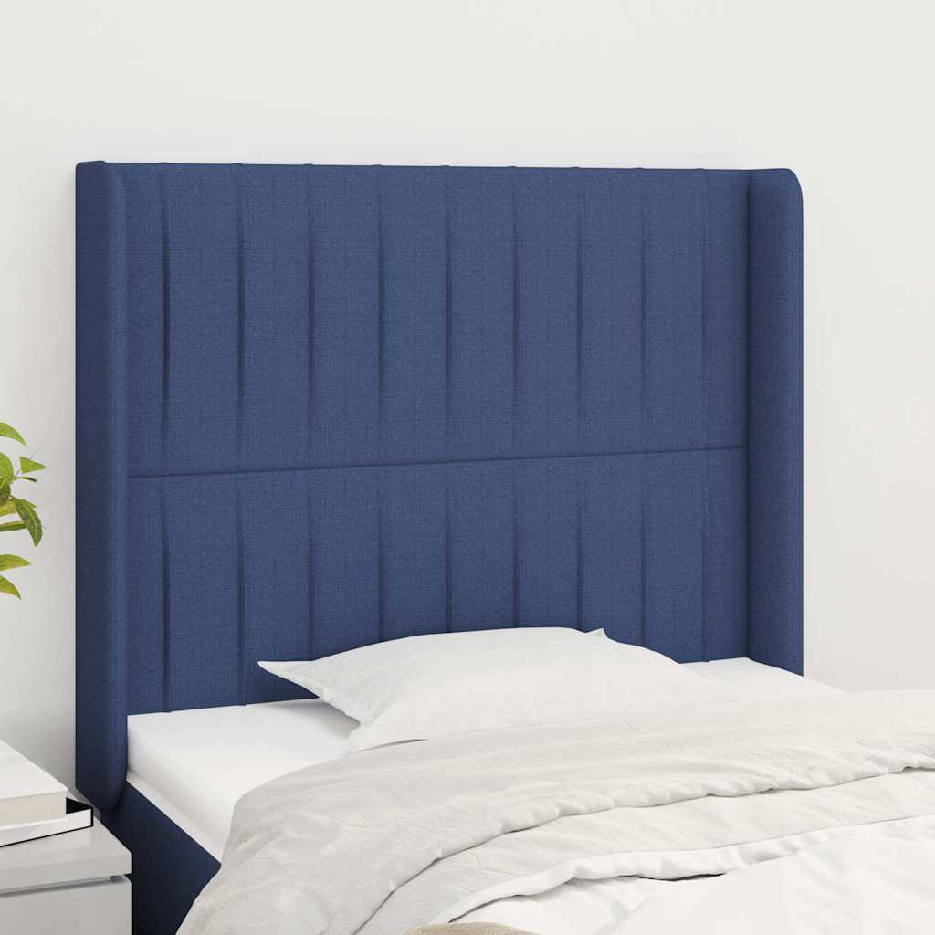 sengegavl med kanter 103x16x118/128 cm stof blå